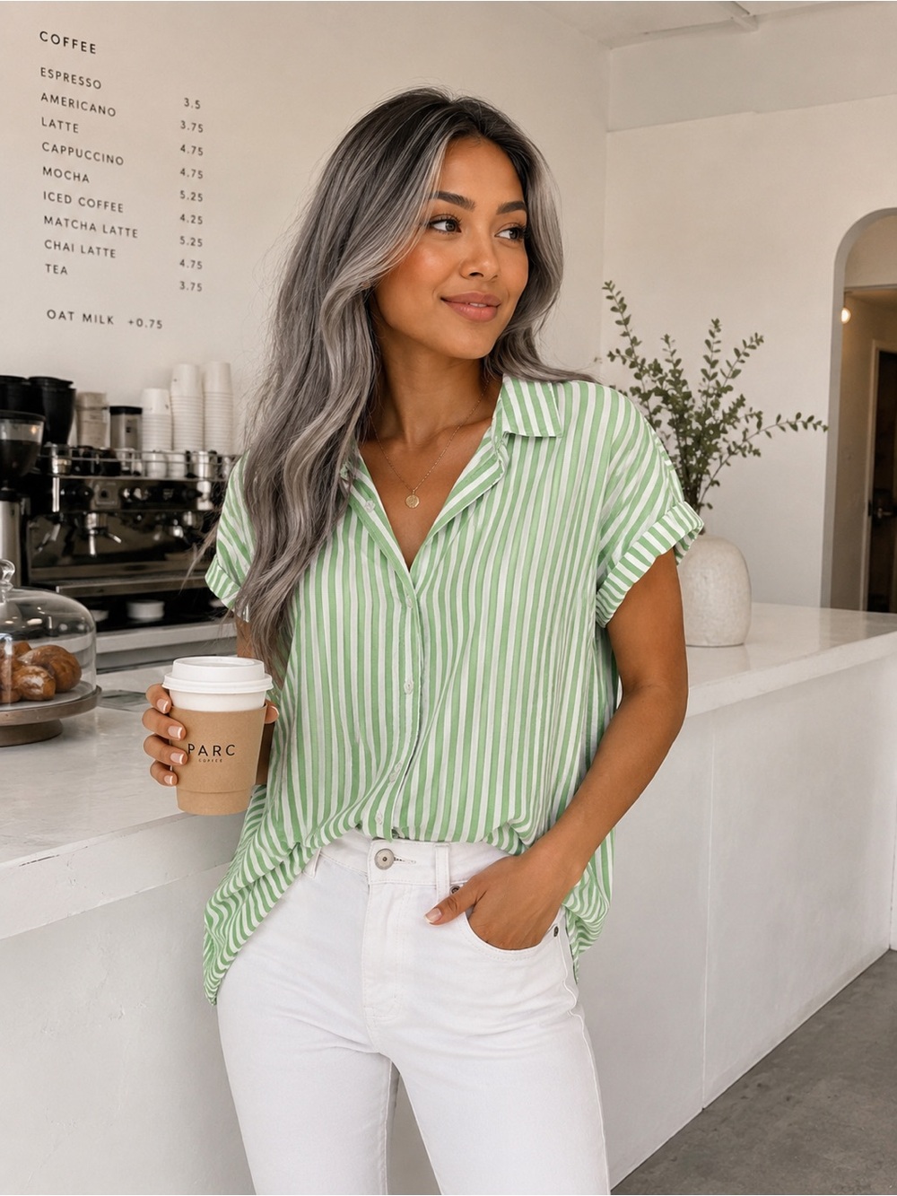 Green and White Striped Short-Sleeve Shirt